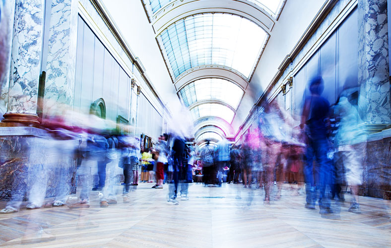 blurred people at a trade show
